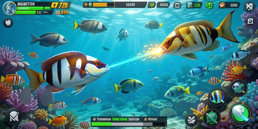Screenshot menunjukkan gameplay seru dari BIGBET78 dengan aksi menembak ikan.