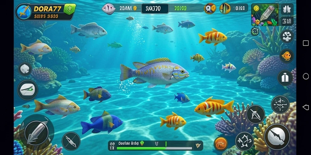 Tampilan gameplay DORA77 menampilkan aksi seru menembak ikan.